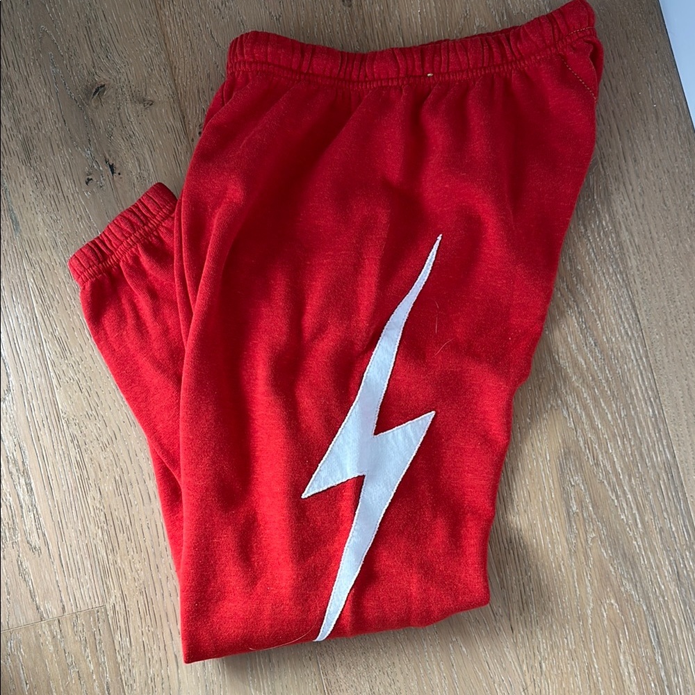 Aviator Nation red sweat pants with Lightning Bolt Design